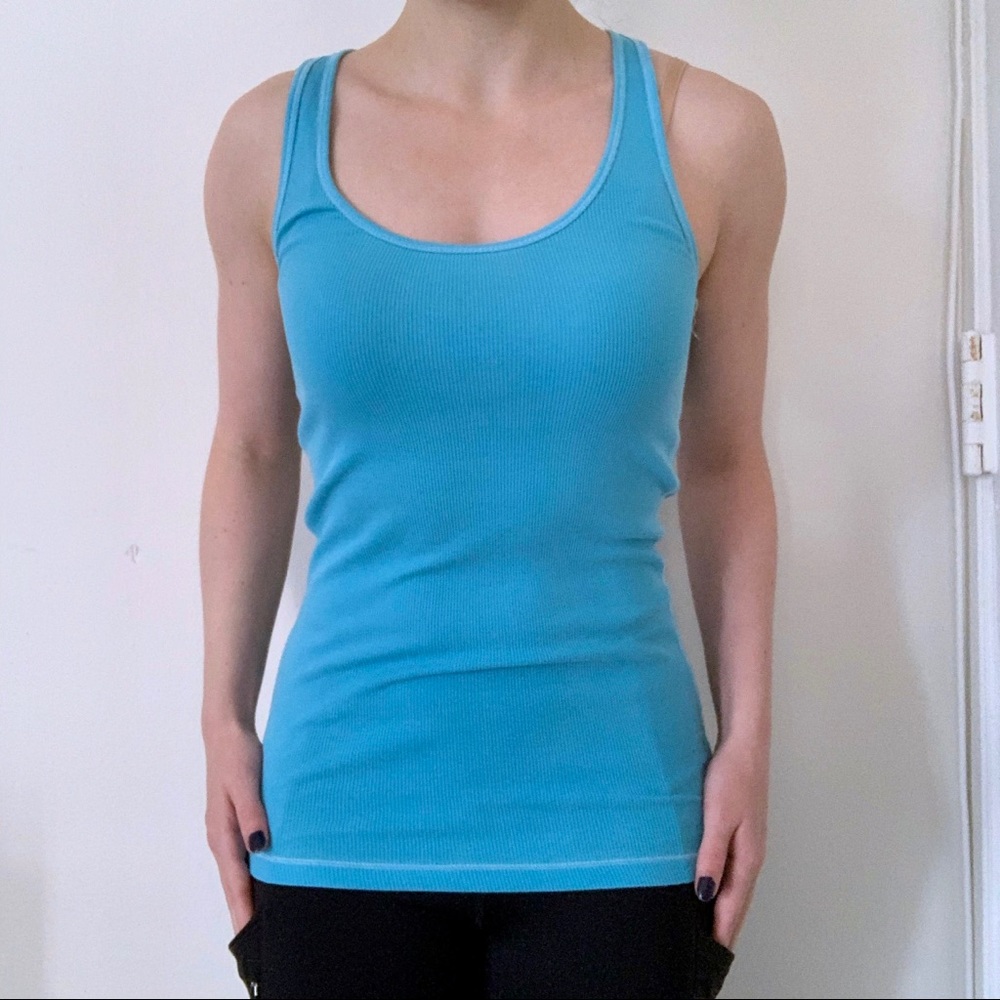 American Eagle aqua blue ribbed fitted Y2K VTG long tank Elena Gilbert summer